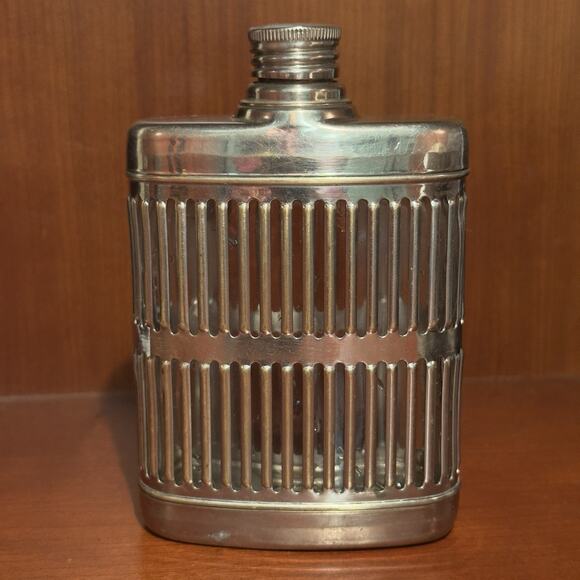 Caged Glass Flask Metal Chrome 1920's Prohibition Era Screw On Lid Vintage - Picture 1 of 4